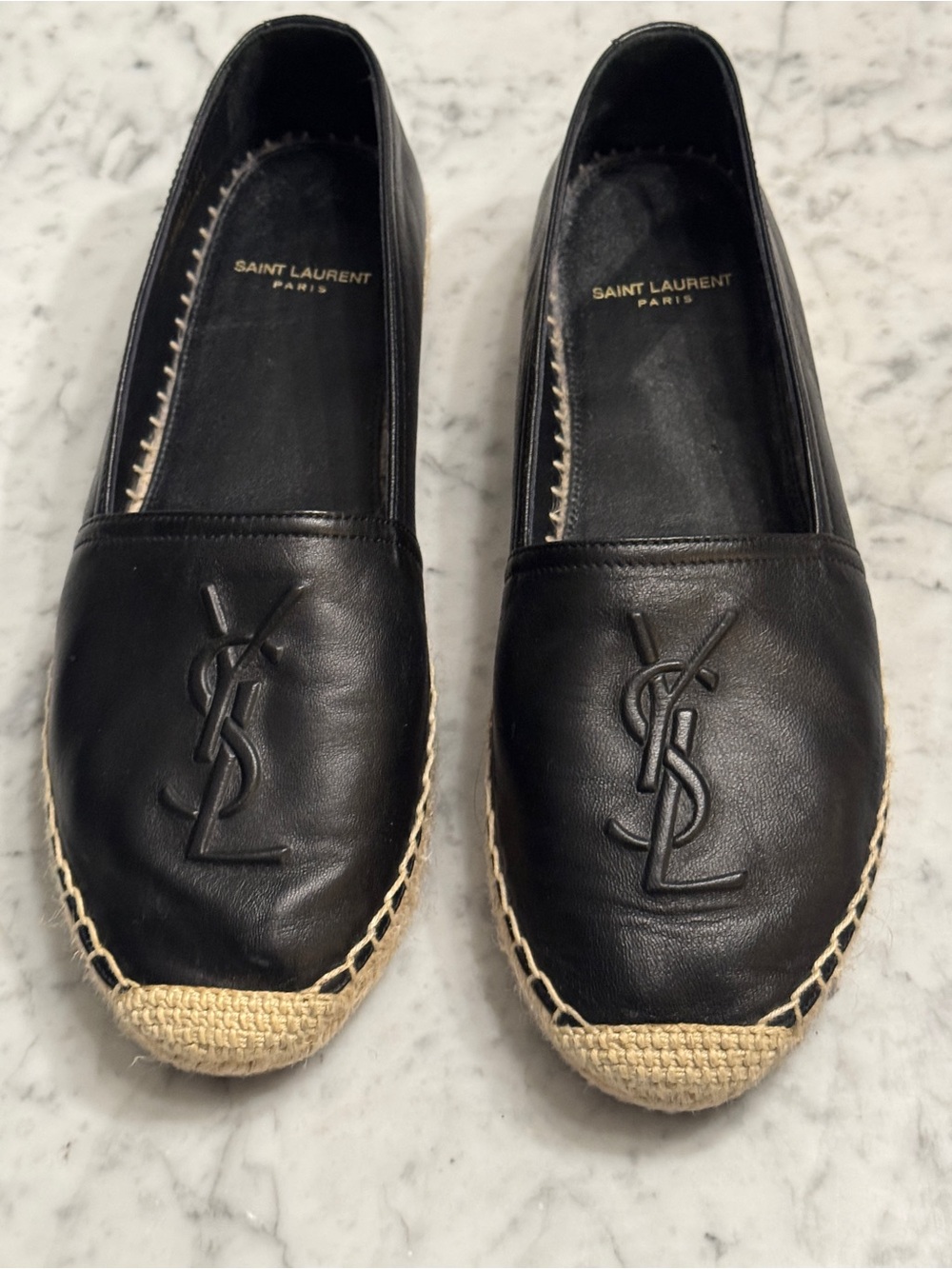 Saint Laurent Black Leather Espadrille Slip-On Loafers with Jute Toe Cap